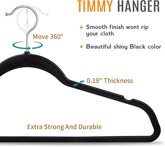 TIMMY 50 Plastic Hangers 17.7 Inch - Velvet Non-Slip, Space Saving Closet Organizers, Heavy Duty Slim Hangers for Pants, Shirts, Coats (Black, Ultra Thin & Durable)