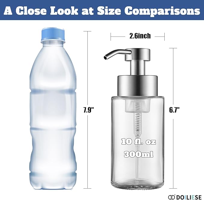 Doiliese Glass Foaming Hand Soap Dispenser, 10 oz Easy Refill Bathroom Soap Dispenser, Foaming Dispenser with Stainless Steel Pump & Waterproof Labels, Foam Soap Pump Bottles for Handwashing, 2 Sets