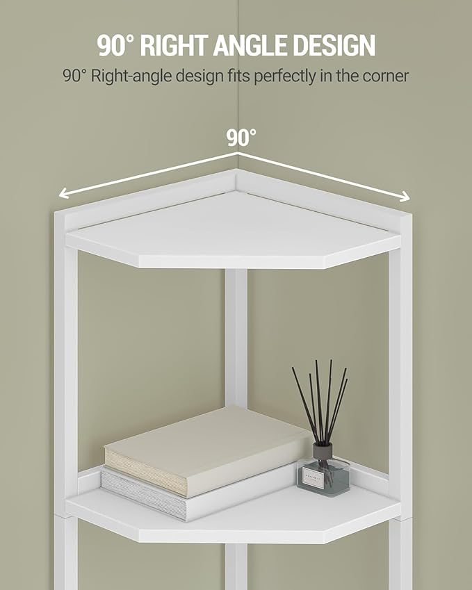 Corner Shelf Stand, Corner Bookshelf, Storage Standing Shelf Unit with Metal Frame, Plant Stand, Bookcase for Living Room, Home Office, Bedroom, 5-Tier White CS05913W