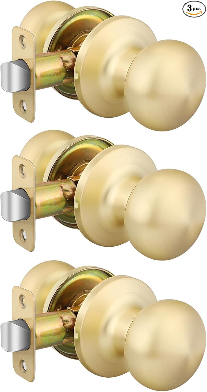 Goldenwarm Gold Closet Door Knobs, Passage Door Knobs, Brushed Gold Door knob Without Lock for Hallway, Closet(3 Pack)