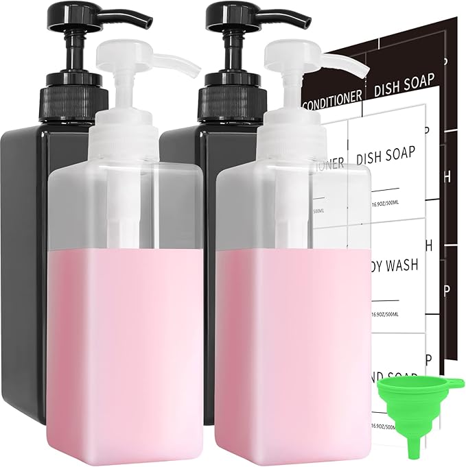 Soap Dispenser with Waterproof Labels, Thickened Plastic Hand Soap Dispenser for Bathroom, Kitchen Dish Washing Liquid Bottles, Shampoo and Conditioner Bottles with Funnel (16oz 4Pack Black Clear)