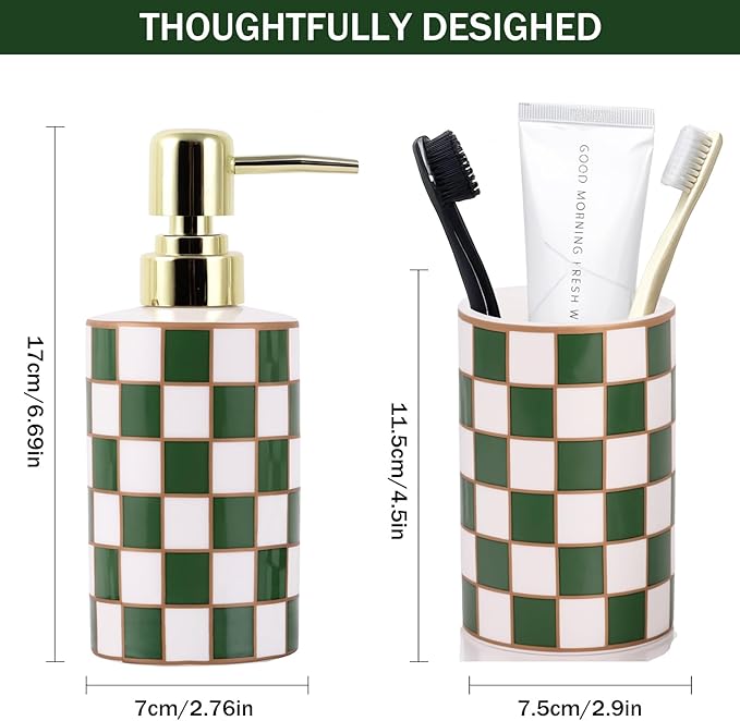 Bathroom Toothbrush Holder Set, Ceramic Checkered Soap Dispenser and Tooth Brush Holder Set, Modern Bathroom Accessories Sets Countertop, Black and White Checkered Bathroom Decor Set (Green)