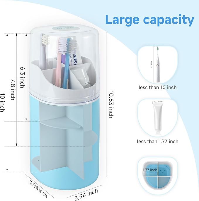 Johehe Toothbrush Organizer with Cover,4 Slots for Bathroom Toothbrush Holders,Dustproof Design,with Wall Mounted,Electric Toothbrush Holder and Toothpaste Holder,Bathroom Countertop Storage