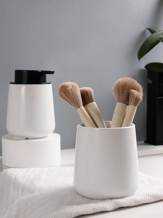 Bosilunlife Soap and Toothbrush Holder Set - Ceramic Bathroom Accessories Set White Foaming Hand Soap Dispenser Set Bathroom Counter Toothbrush Holder and Soap Dispenser Set