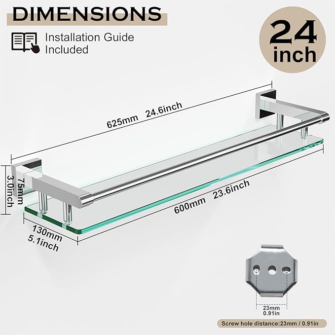 SFGSOWOR Glass Shelf for Bathroom Wall Sheves 24 inches Rectangular Stainless Steel Tempered Glass Modern Wall Mount Accessories Organizers Storage (Chrome Polished, 24‘’)