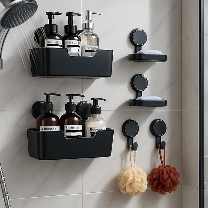 LALOBLUE Shower Caddy, Bathroom Organizers and Storage, 6 Pack Adhesive Organizers and Storage with No Drilling Hanging Shower Shelf, Removable Plastic Bathroom Accessories, Black