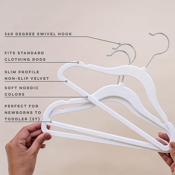 3 Sprouts Velvet Baby Hangers - Non-Slip Hanger for Infant, Toddler, Baby Clothes - Closet Kids Hangers with Slim Design, Nordic Colors, Pack of 30 - White