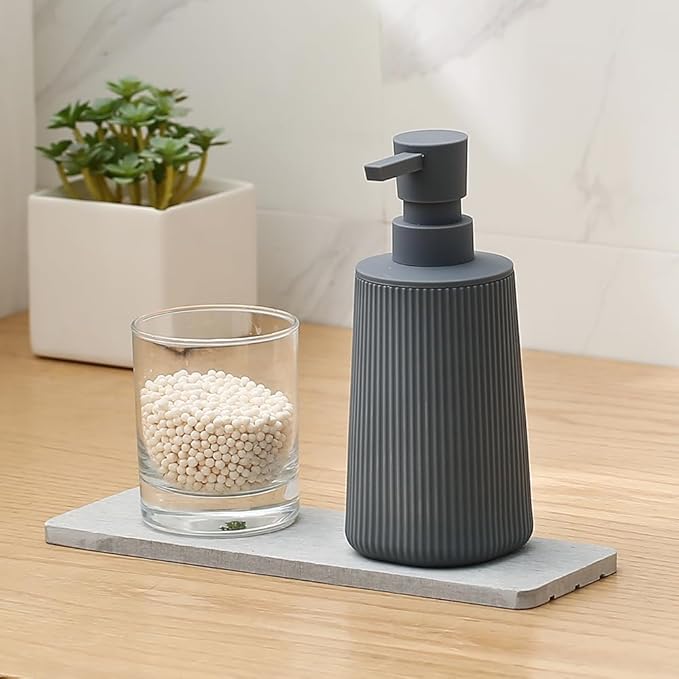 Small Soap Dispenser for Bathroom and Kitchen, Modern Farmhouse Striped Style Plastic Hand Soap Dish Soap Dispenser with Pump Matte Gray