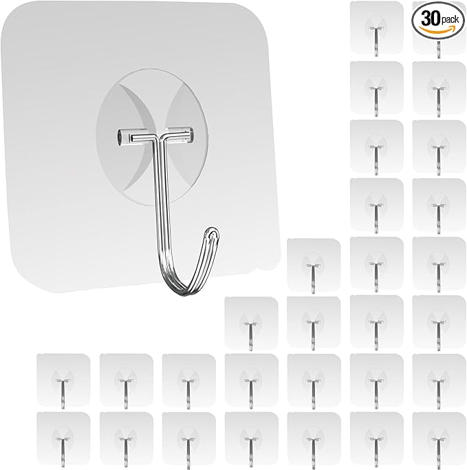 Heavy Duty Adhesive Wall Hooks - Strong & Transparent, Hold up to 22lb, Waterproof & Reusable, Ideal for Kitchen, Bathroom, and Office (30 Pack)