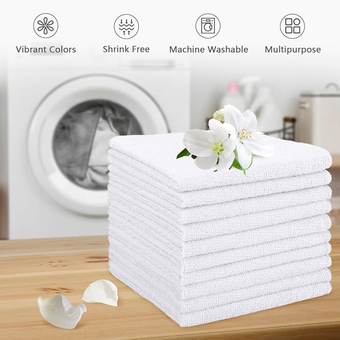 Orighty Washcloths Towels Set 10 Pack, Highly Absorbent and Soft Feel Microfiber Face Cloths, Multi-Purpose Wash Cloths & Hand Towels for Bathroom, Hotel, Spa, and Gym, 11.5x11.5 Inch, White