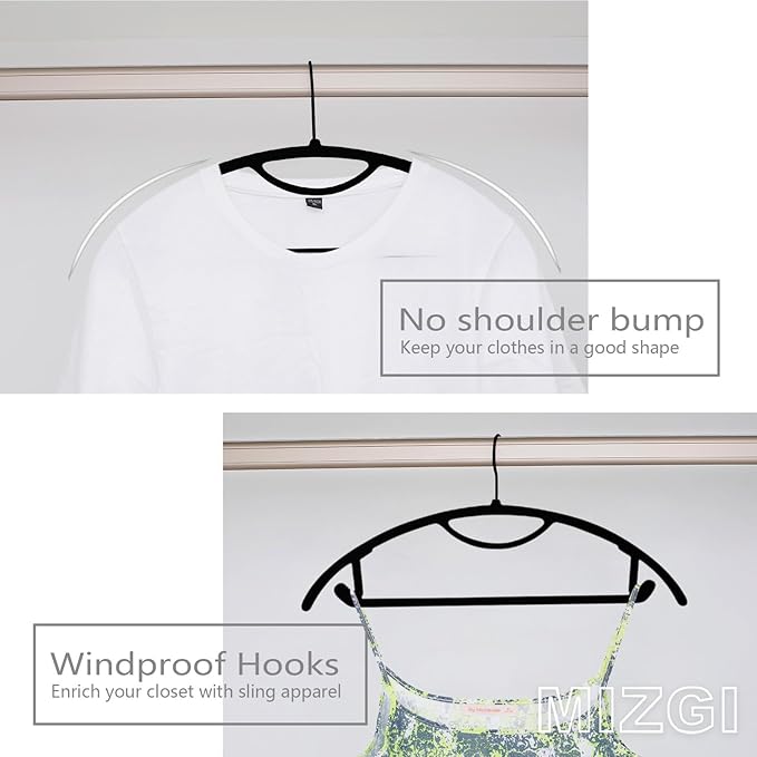 MIZGI Premium Velvet Hangers 50-Pack,No Shoulder Bump Hangers W/Tie Bar Ultra Thin Space Saving Non Slip Hanger Heavy Duty Felt Rounded Clothes Hanger for Sweaters,Coat,Jackets,Pants,Shirts