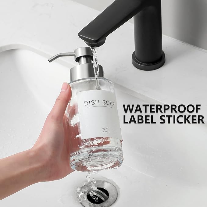 Foaming Soap Dispenser Set, 12 Oz Glass Hand Soap Dispenser with 304 Rust Proof Stainless Steel Pump, Waterproof Labels, for Bathroom Decor Kitchen College Dorm, Clear Silver Pump