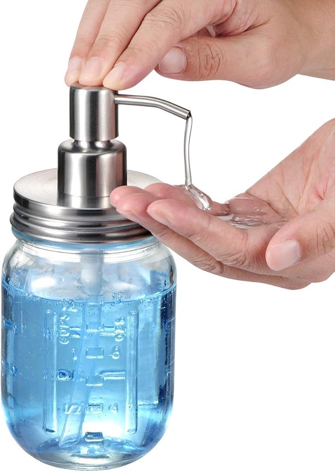 Amolliar Mason Jar Soap Dispensers, Rustproof Stainless Steel Lid &Pump, Refillable Wash Hand Soap for Bathroom,Kitchen-Ideal for Dish Soap,Liquid Soap, Lotions,Waterproof Stickers,16OZ Brushed Nickel