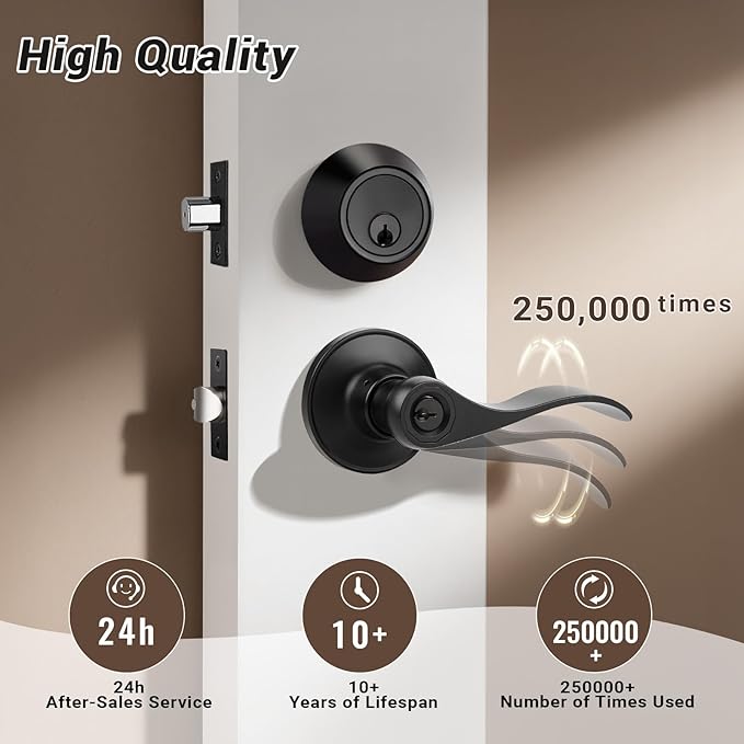 Knobonly 1 Set of Front Exterior Door Knob Set with Single Cylinder Deadbolts in Matte Blac Finish, All Keyed Same Combo Pack, Wave Style Entry Door Lever Locks with Combinations