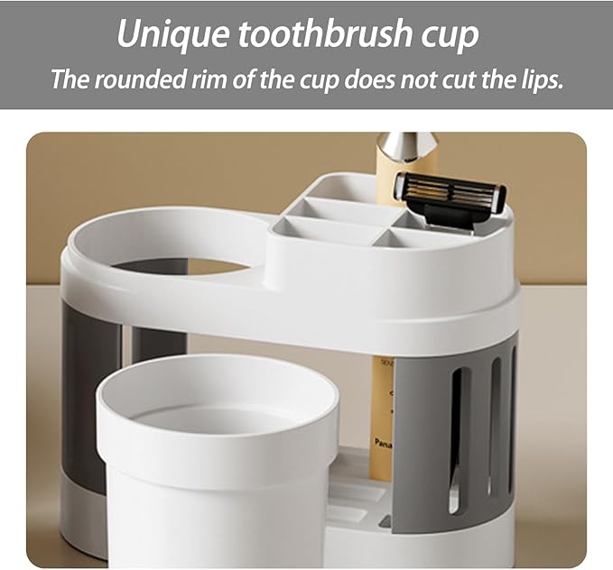 Round Toothbrush Holder Set: Bathroom Vanity Organizer for Toothbrushes & Cups, Suitable for Couples & Kids (Gray White)