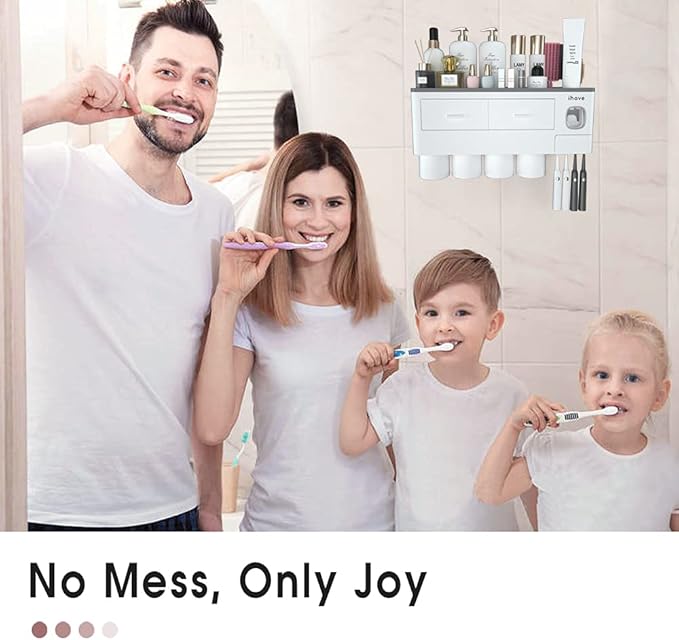 iHave Toothbrush Holders for Bathrooms, 4 Cups Toothbrush Holder Wall Mounted with Toothpaste Dispenser - Large Capacity Tray, 2 Cosmetic Drawer - Bathroom Organizer & Bathroom Accessories Set