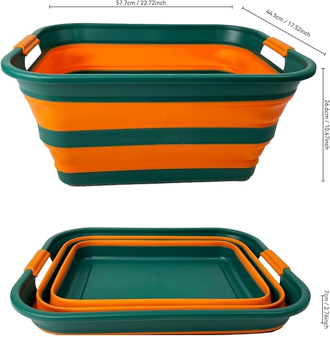 SAMMART Collapsible Plastic Laundry Basket with Handle/Foldable Pop Up Storage Hamper/Portable Laundry Organizer-Space Saving Washing Tub/Household Storage (Teal Green/Autumn leaf, 42L)