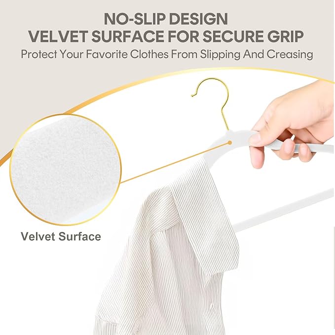 MOERKADA 36-Pack Premium Velvet Hangers with Gold Hooks - Space-Saving Non-Slip Heavy-Duty Clothes Hangers for Coats, Suits, Dresses, and Sweaters - Slim Design, Closet Organizer (White-Gold)