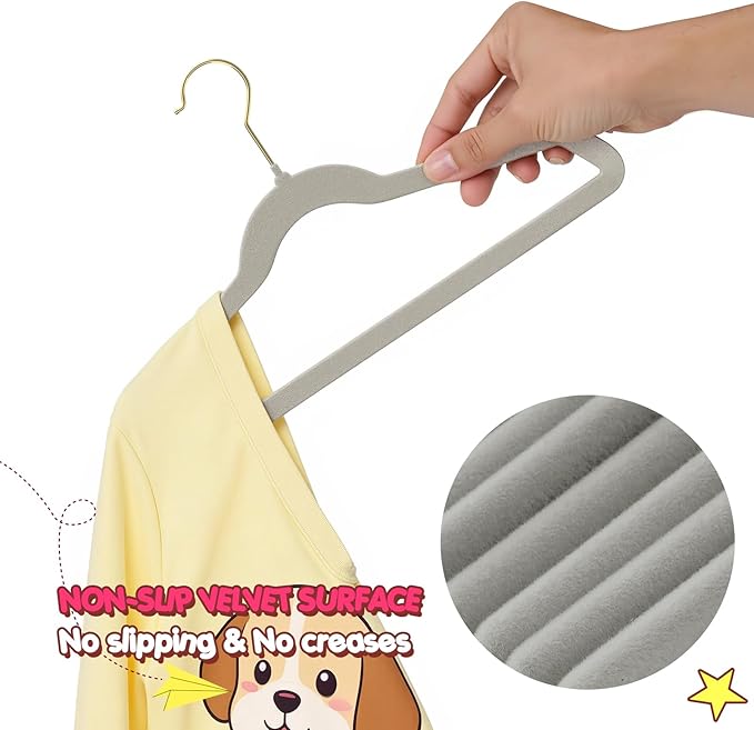 Korpai 50 Pack Baby Velvet Hangers 11 Inch, Non-Slip, Ultra Slim,Space-Saving Baby Hangers with 360° Swivel Hook, 7LBS Capacity, Toddler & Baby Romper/Dresses/Shirts/Coats/, Grey
