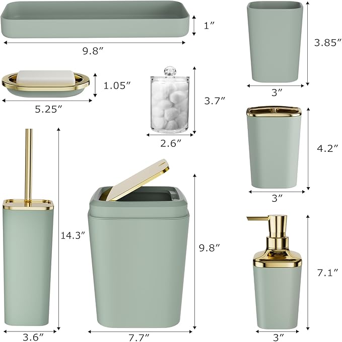 Bathroom Set, Sage Green Bathroom Accessories Set with Press-on Lid Bathroom Trash Can, Soap Dispenser, 10PC Bathroom Accessory Set for Home