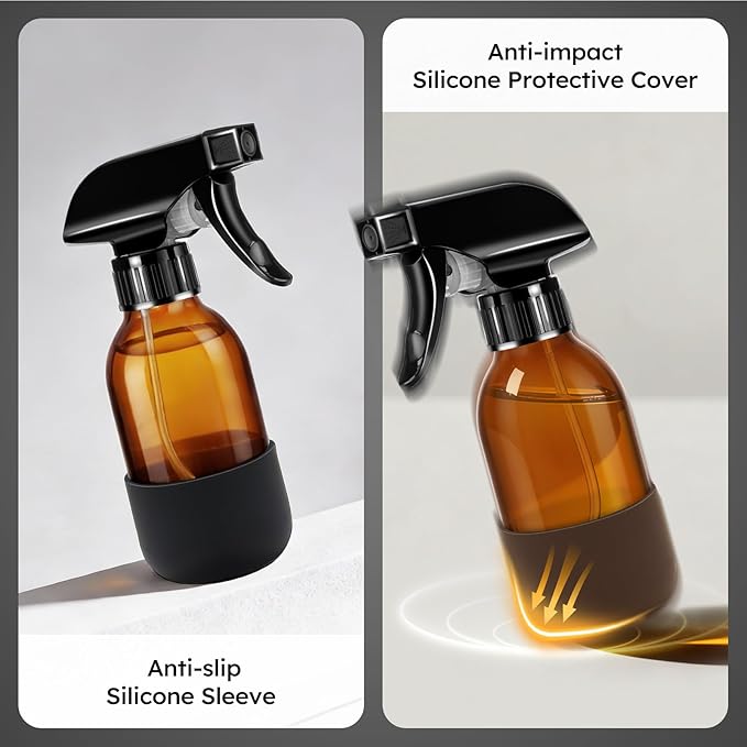 Tecohouse 2 Pack 360° Amber Glass Spray Bottles with Silicone Sleeve, 4 oz Empty Refillable Containers with Adjustable Spray Nozzles, Spray Bottles for Cleaning Solutions, Hair, Plants (Black & Brown)