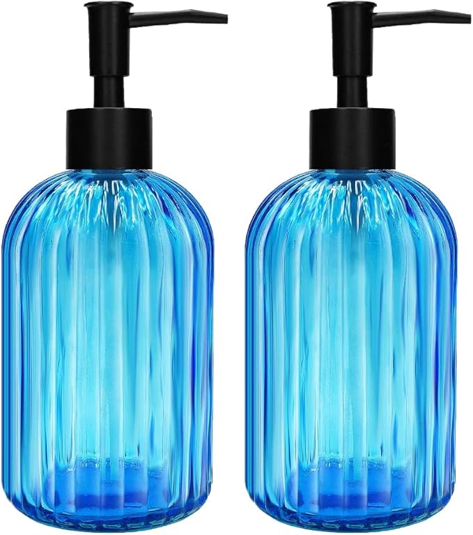 Pack of 2 Glass Soap Dispenser with Black Pump, 400 ml Refillable Pump Dispenser for Kitchen, Bathroom, Order, Laundry Room, Liquid Glass Bottle for Washing Up Liquid, Shampoo, Conditioner (Blue)