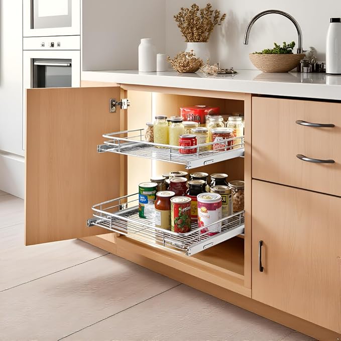 JOWBOOW Sliding Cabinet Organizer Pull Out Shelves (11" W x 21" D), Heavy-Duty Slide Out Shelf, Steel Metal Cabinet Roll Out Shelves for Kitchen Bathroom, Chrome