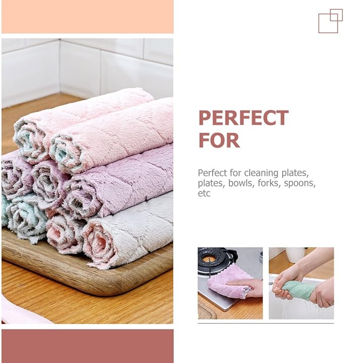 Beaupretty Microfiber Kitchen Dish Towels 20pcs Water Absorbent Thick Double-Layer Cleaning Cloths Nonstick Oil Microfiber Dishcloths for Household Tableware Cleaning Random Color