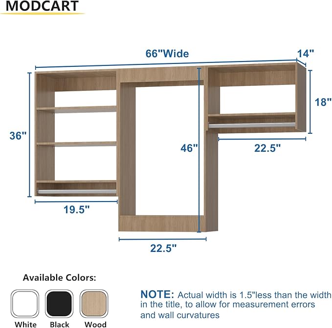 Modular Closet System, 66" Wide Closet Organizer System with Hanging Shelving , Wood Tower Closet Storage for Walk In Closets, Wall Mounted Wardrobe Organizer Kit System, Bedroom, Wood