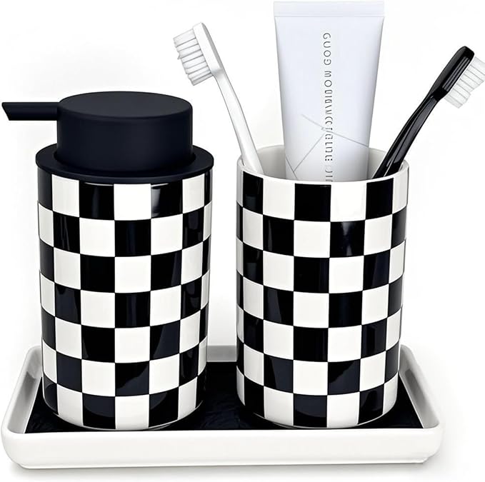 Bathroom Toothbrush Holder Set, Ceramic Soap Dispenser and Tooth Brush Holder Set, Modern Bathroom Accessories Sets Countertop, Black and White Checkered Bathroom Decor Set