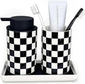 Bathroom Toothbrush Holder Set, Ceramic Soap Dispenser and Tooth Brush Holder Set, Modern Bathroom Accessories Sets Countertop, Black and White Checkered Bathroom Decor Set