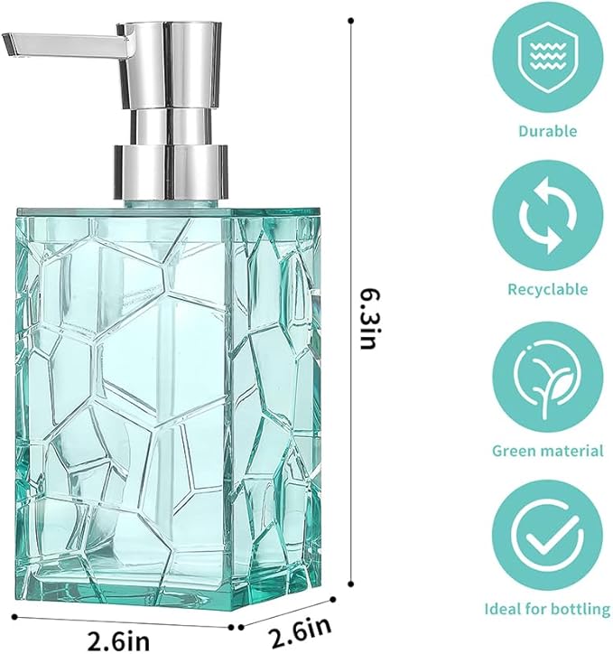 2 Pack Clear Teal Blue Rust Proof Soap Dispenser, Acrylic Plastic Hand Soap Lotion Dispenser Set for Bathroom&Kitchen