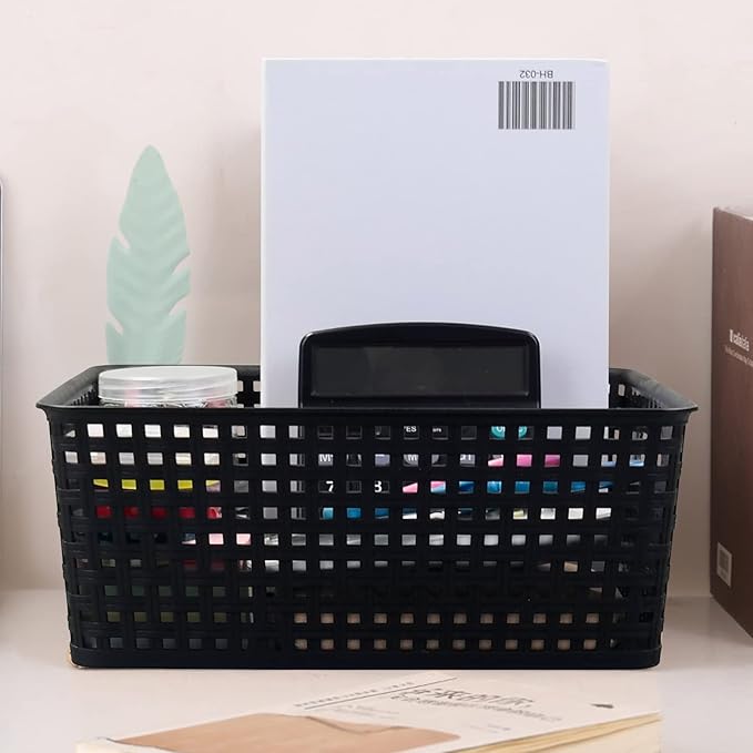 Obstnny Plastic Weave Storage Basket 4 Pack, Kitchen Pantry Organzing Basket Bin, Black
