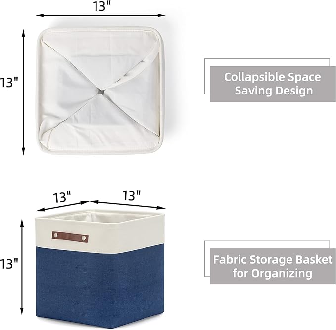 HNZIGE Baskets Fabric Storage Cubes Bins Baskets(3 Pack) Storage Baskets Cube for Shelf, Large Collapsible Organizer Closet Baskets,13x13 Toy Baskets with Leather Handle(White&Blue)
