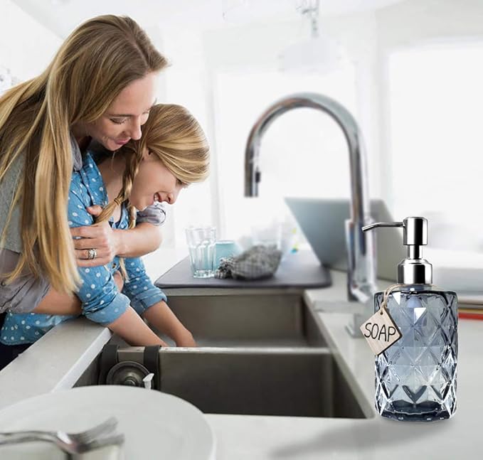 JASAI Diamond Design Glass Soap Dispenser with 304 Rust Proof Stainless Steel Soap Pump, 12 Ounce Kitchen Soap Dispenser for Bathroom, Hand Soap, Dish Soap (Grey)