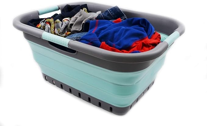 SAMMART 41L Collapsible Plastic Laundry Basket - Foldable Pop Up Storage Container/Organizer - Portable Washing Tub - Space Saving Hamper/Basket (3 handled rectangular, Medium Grey/Lake Green)