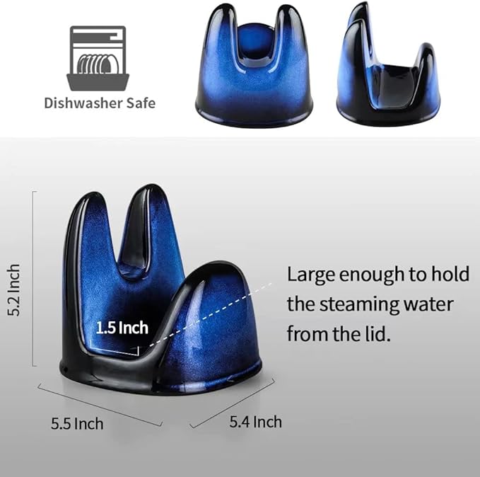 Nihow Pot Lid Holder: Stable Ceramic Pan Lid Holder for Kitchen Counter Decor/Countertop/Stove Top- Heat Resistant & Dishwasher Safe - Elegant Black & Blue (1PC)