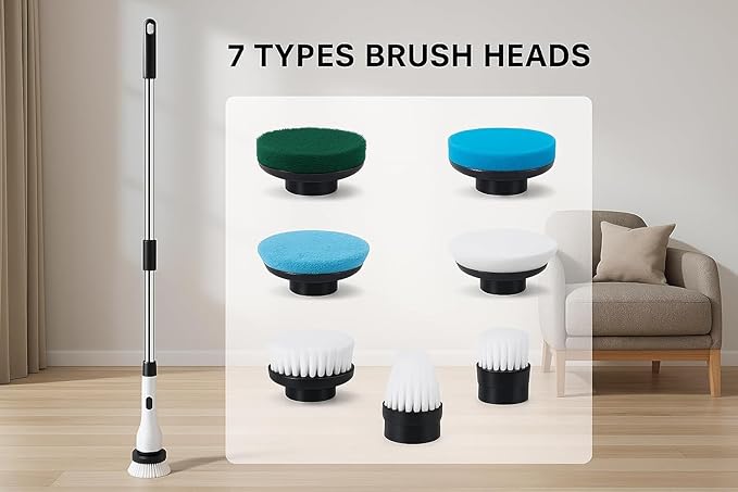 Avonley 7-in-1 Electric Spin Scrubber, 25W Powerful Cordless Cleaning Brush with Adjustable Handle & 7 Replaceable Heads for Bathroom, Floor, Tile, Kitchen & Car