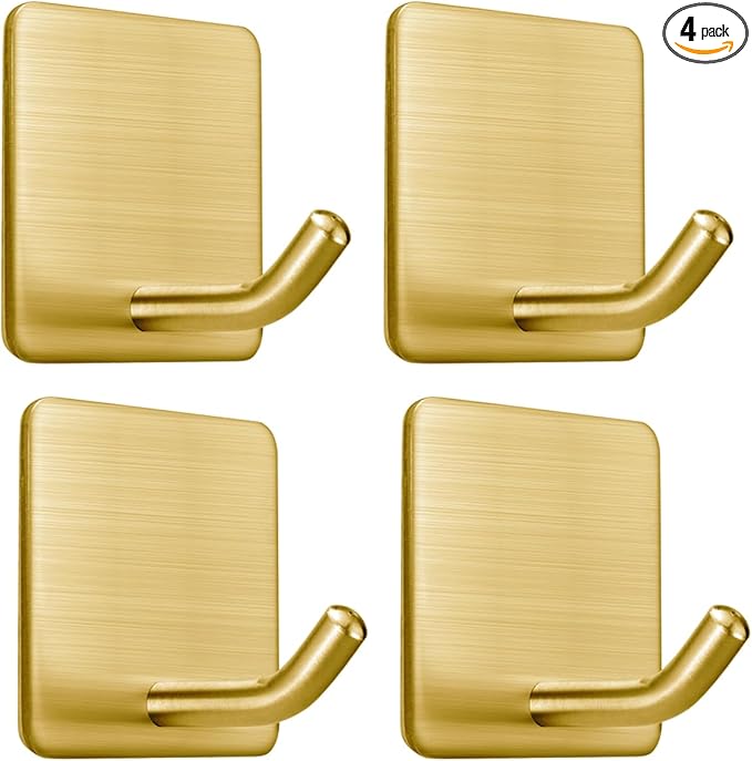 FOTYRIG Golden Stainless Steel Square Self Adhesive Hooks - Extra-Long Anti-Slip with Upgraded Adhesive, Holds 15lb Heavy Duty Wall Hooks for Kitchen, Bathroom, Garage -4 Packs