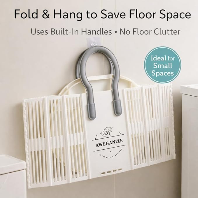 40L Collapsible Plastic Laundry Basket with Strong Handles – Sturdy Space-Saving Design for Daily Laundry Loads, Apartment & Home Use – White