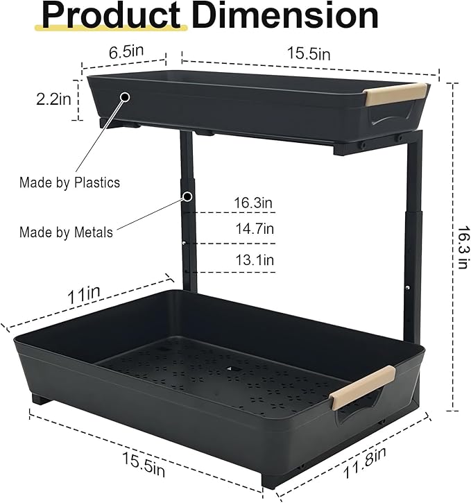Under Sink Organizer,2 Tier Pull Out Adjustable Height Under Cabinet Storage,Under Sink Storage for Kitchen Bathroom Cabinet(1 Pack)