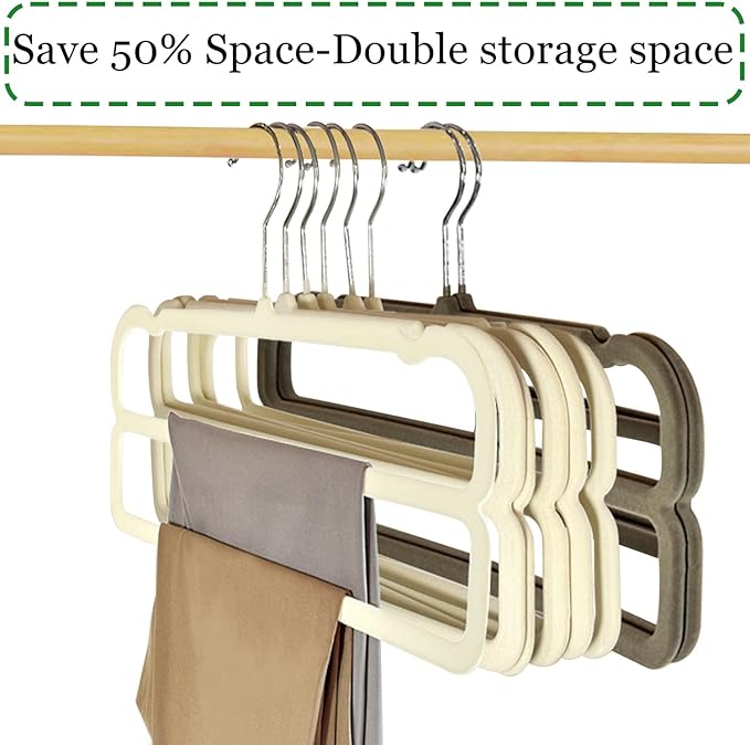 Velvet Pants Hangers 10 Pack,2 Tier Jeans Hanger,Premium Non Slip,Thin Space Saving Slim Trousers Hanger,13.77inch