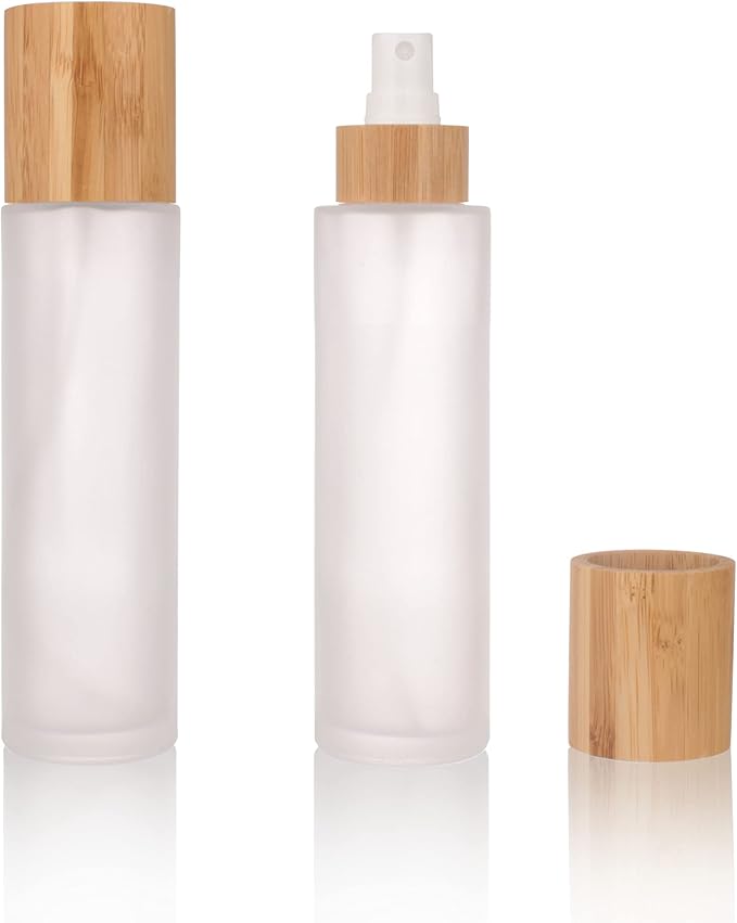 COSIDEA 4 pcs Empty 4oz /120ml bamboo lid Frosted glass spray bottle with fine mist despenser head for liquid perfume toiletries containers, toner bottles