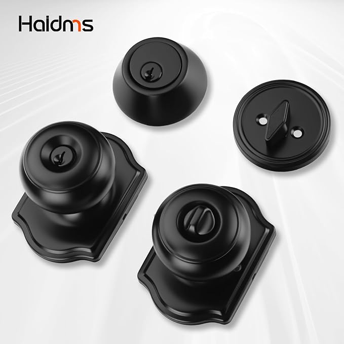Haidms Black Exterior Deadbolt and Keyed Entry Door Knob Set, 2 Pack with Lock and Key