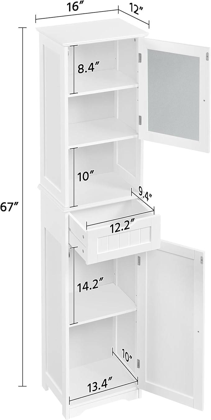 Yaheetech 67” Tall Bathroom Storage Cabinet,Narrow Floor Cabint with 2 Doors and 1 Drawer,Slim Bathroom Organizers,Adjustable Shelves,Storage Unit for Living Room, Entryway,Kitchen,White