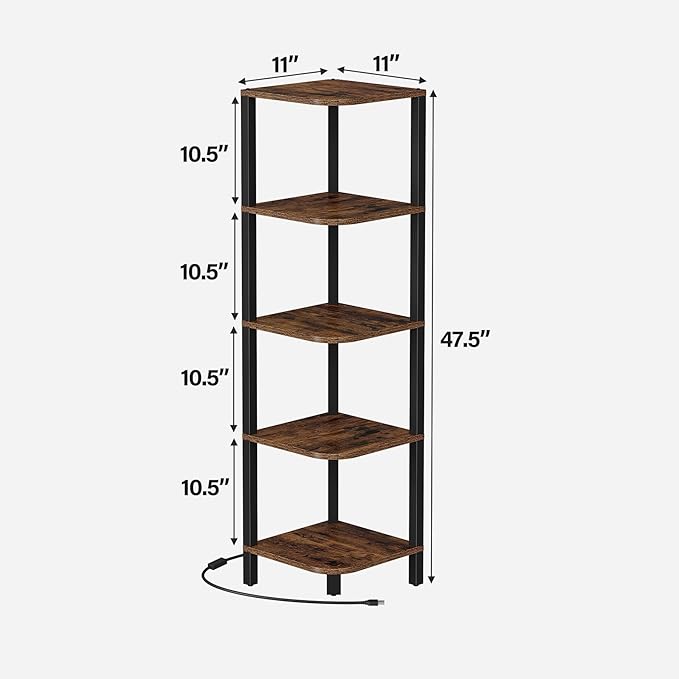 TUTOTAK Corner Shelf with LED Light, 5-Tier Corner Bookshelf for Small Space, Narrow Display Corner Shelf Stand with Storage Rack, for Living Room, Bedroom, Rustic Brown BS08BB005L