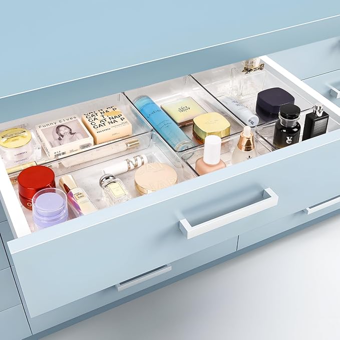 3 PCS Large Drawer Organizer, 3Sizes Plastic Versatile Desk Drawer Organizer Trays with Non-Slip Silicone Pads, Storage Bins for Makeup, Office, Kitchen Gadgets Utensils, Bedroom, Tools, Bathroom