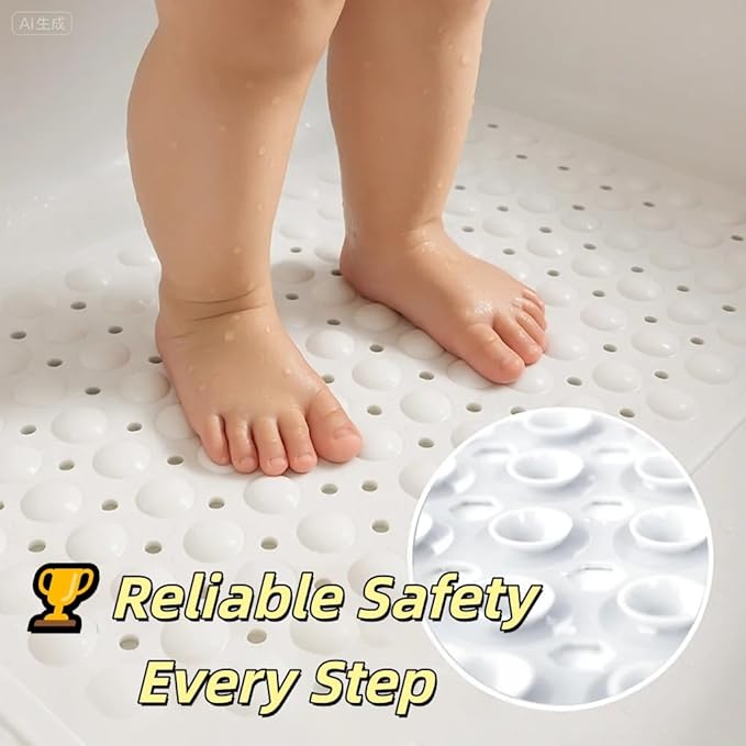 Bath and Shower Safety Mats 40x16 inch, Non Slip with Strong Suction Cups for Bathroom Stall and Tub Floor, Extra Large and Machine Washable, Drain Holes Keep Bathtub Clean, Soft on Feet, White