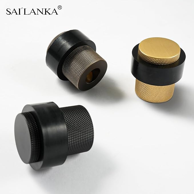 Solid Brass Door Stopper Heavy Duty Cylindrical Floor Mount Door Stop with Rubber, Wall Protector Mounted Doorstop Protect Door Knobs, 1-3/5" Height, 2 Pack, Brushed Brass