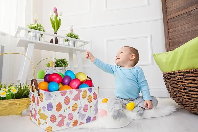 Rectangular Easter Baskets, Kids Easter Basket Organizer.Cute Storage Basket with Handles.Boys and Girls,Easter Bunny Eggs Decor,Toys,Books,Easter Gifts (Rabbit Easter Eggs ) …